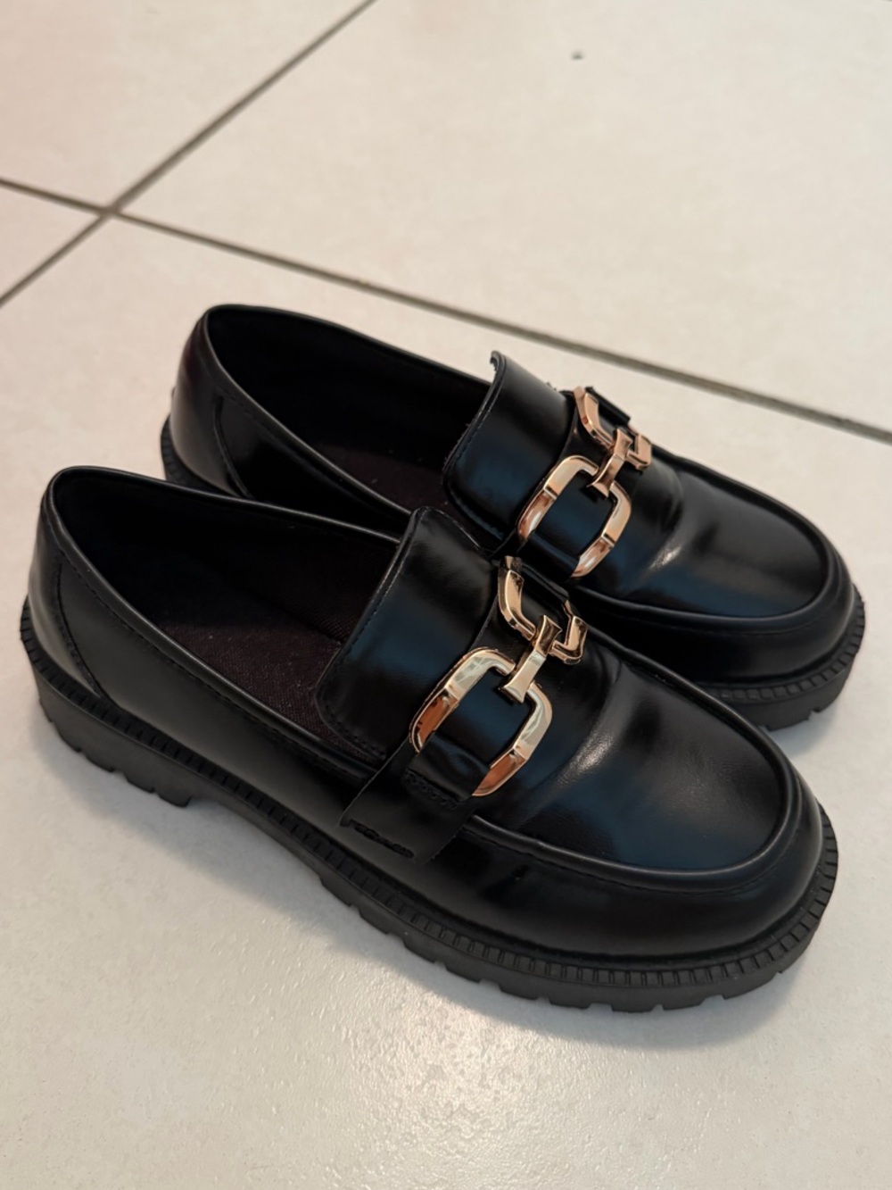SHEIN Black Loafers with Gold Buckle Accent